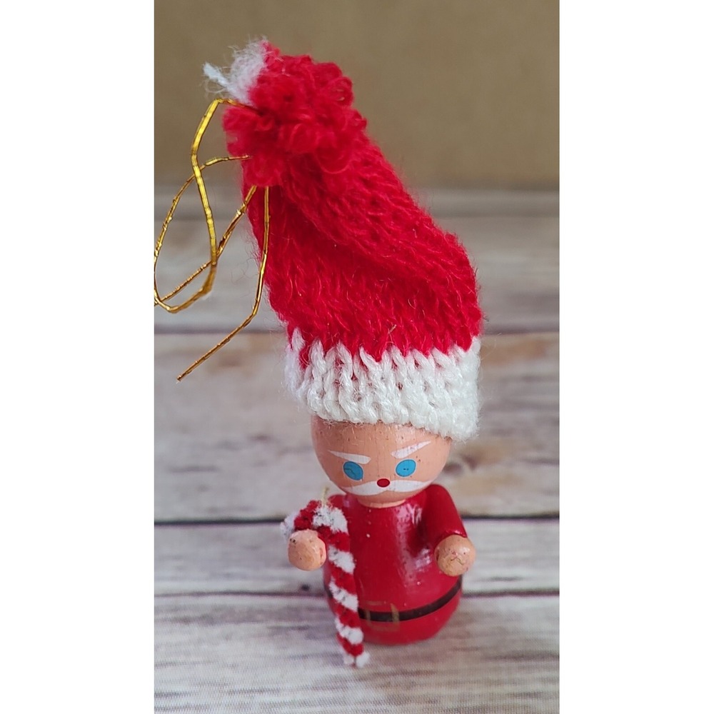 Vintage Wood Santa Christmas Ornament Knit Hat Candy Cane A4